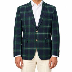 Mens 42R Wool Blazer Navy Green Tartan Plaid Windowpane Check Sport Coat Jacket